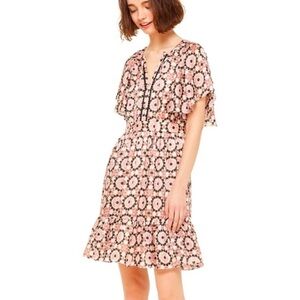 Kate Spade Pink By the Pool Mosaic Floral Print Metallic Stripe Ruffle Dress